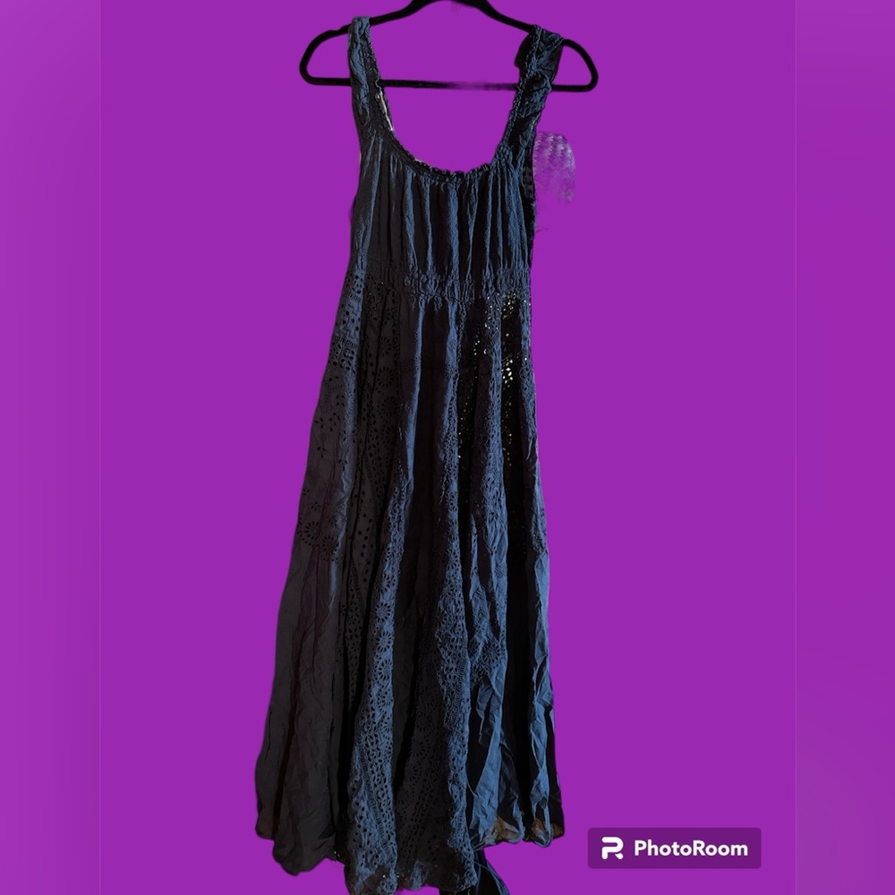 Vintage Johnny Was size medium blue-black maxi, eyelet dress.